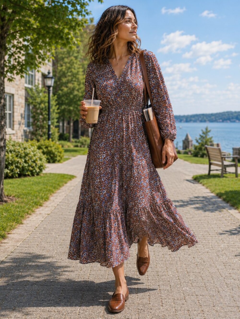 Madewell Woodland Floral Midi Dress XS Merlot Blue Long Sleeve Tiered Fall Dress